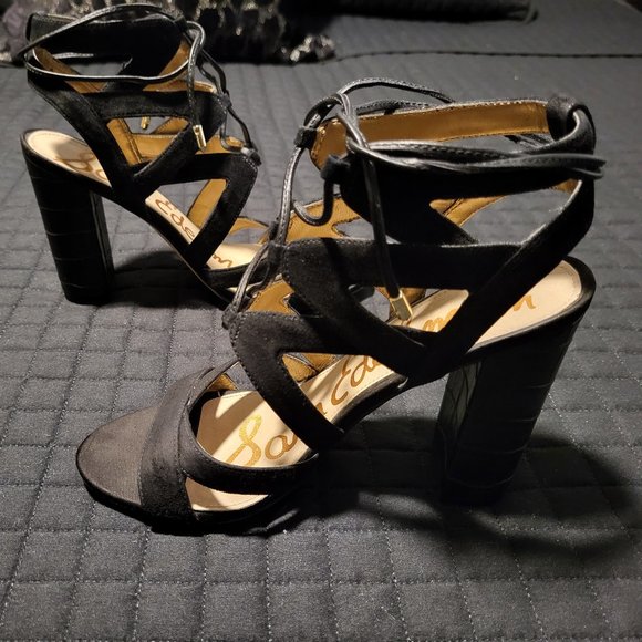 Sam Edelman "Yardly" Black Strappy Lace Up Chunky Heel size 6.5 - Picture 4 of 7